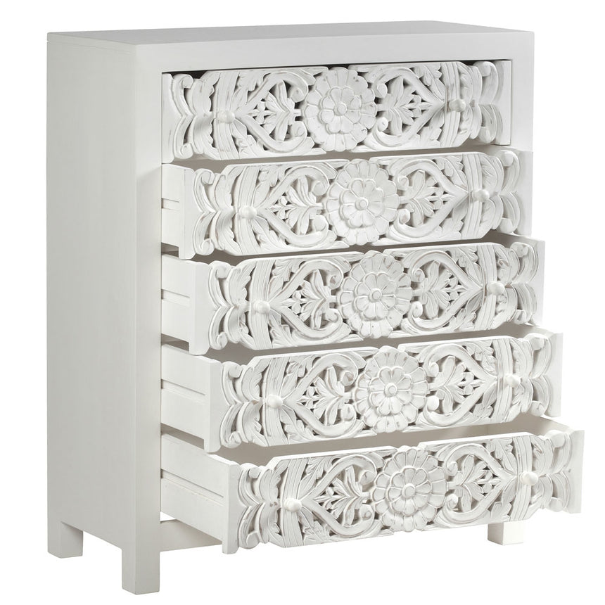 Boho White Carved Tall Chest - 5 Drawers-4