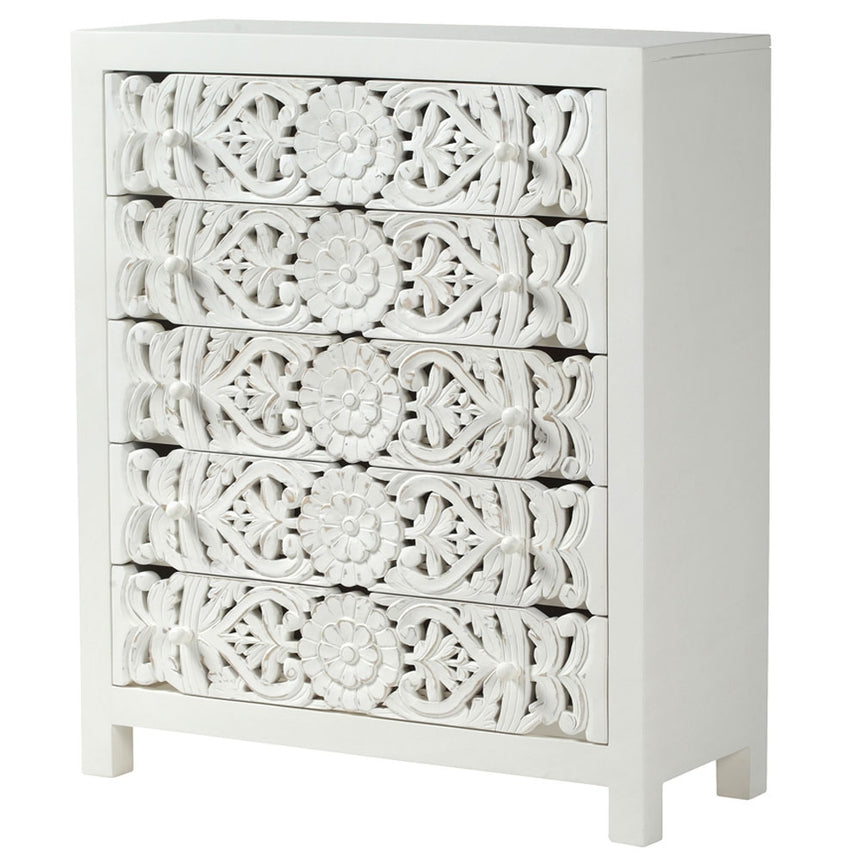 Boho White Carved Tall Chest - 5 Drawers-5