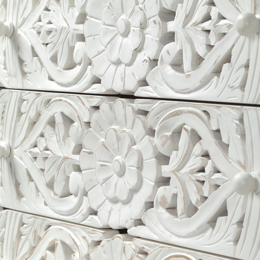 Boho White Carved Tall Chest - 5 Drawers-7