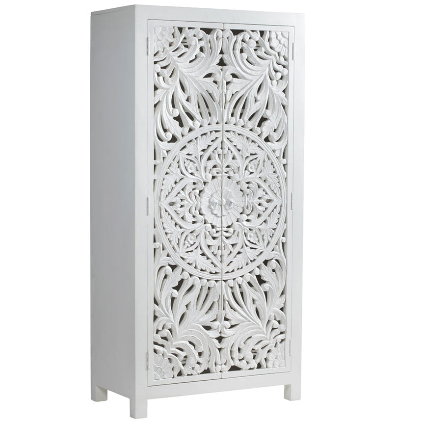 Boho White Washed Light Distressed Carved Mango Wood Wardrobe - 2 Doors-2