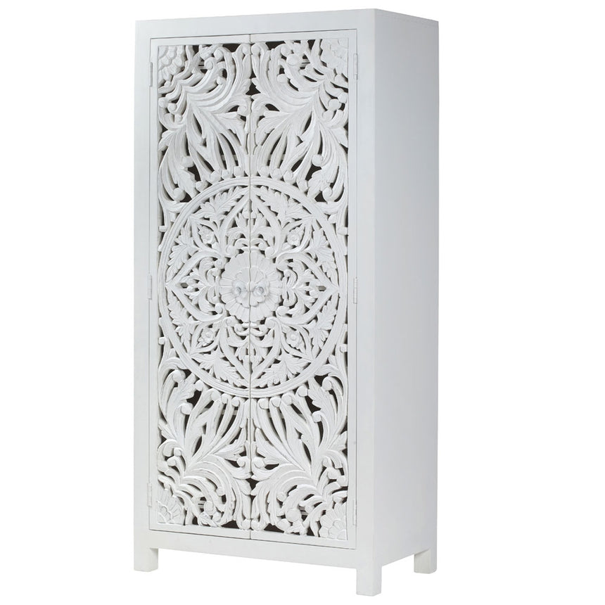 Boho White Washed Light Distressed Carved Mango Wood Wardrobe - 2 Doors-4