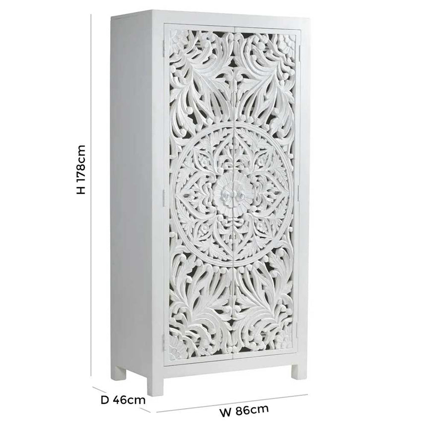 Boho White Washed Light Distressed Carved Mango Wood Wardrobe - 2 Doors-8