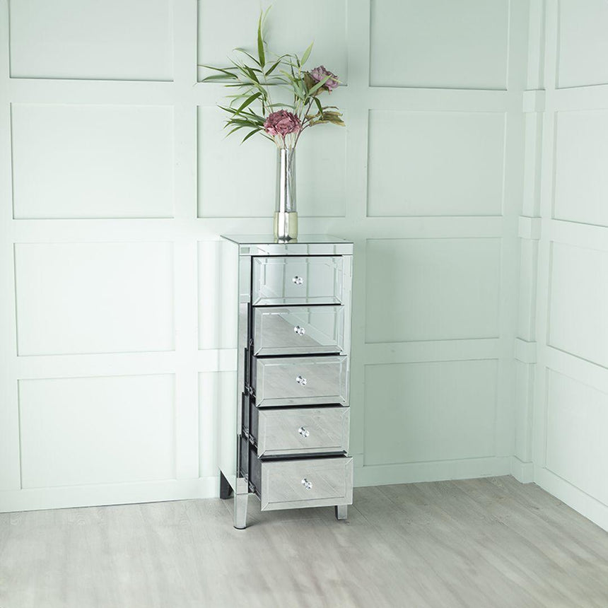 Lucia Mirrored Narrow Chest - 5 Drawer-2