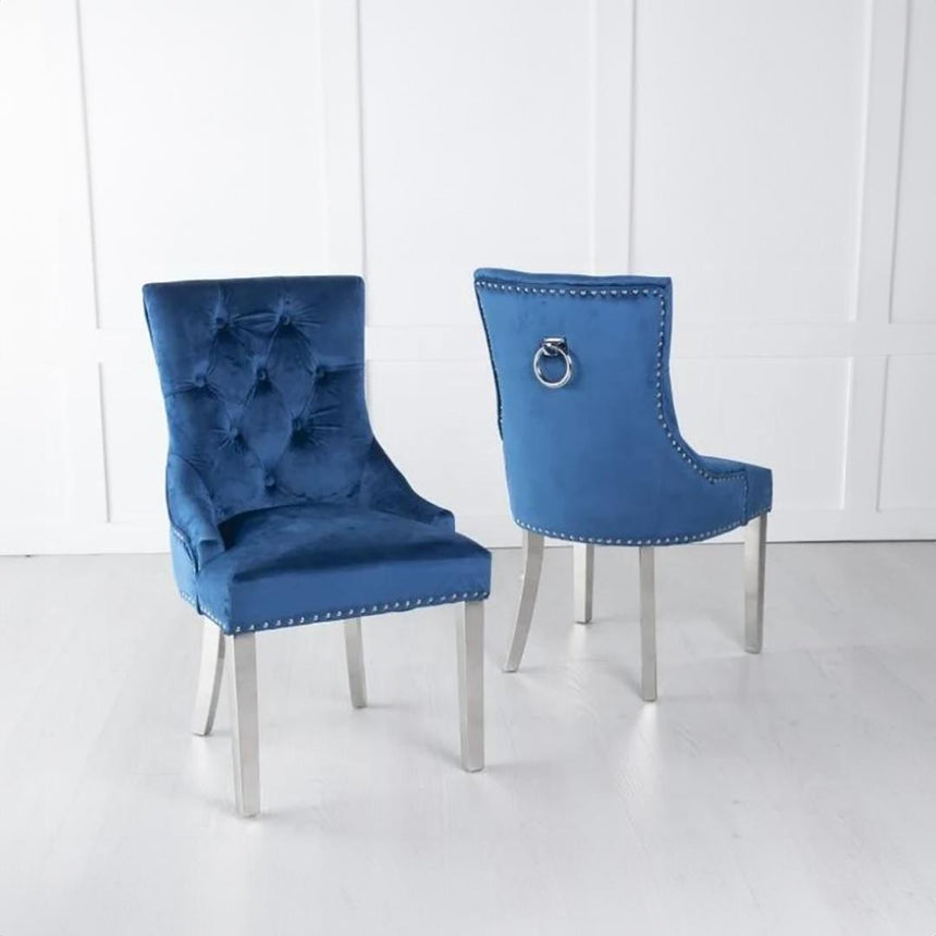 Milan White Marble Dining Set - Blue Fabric Knocker Back Chairs with Chrome Legs-4