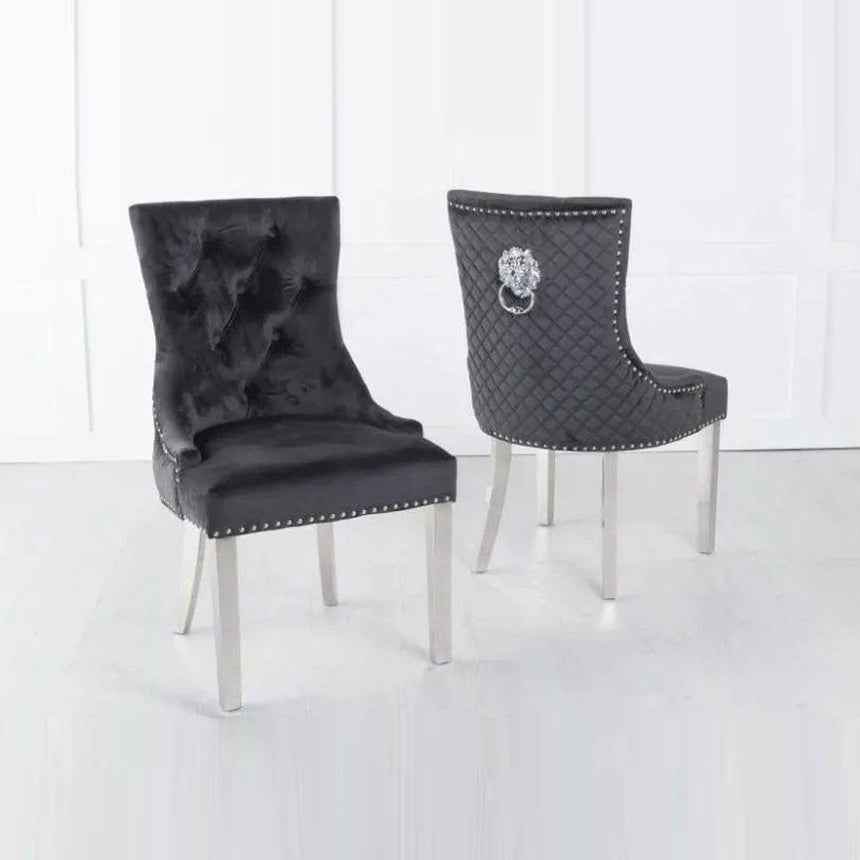 Milan Grey Marble Dining set - Black Fabric Lion Knocker Back Chairs-4