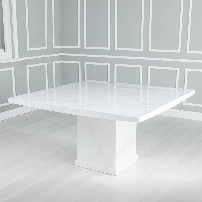 Turin 140cm Square White Marble Dining Set - Courtney Blue Fabric Chairs-3