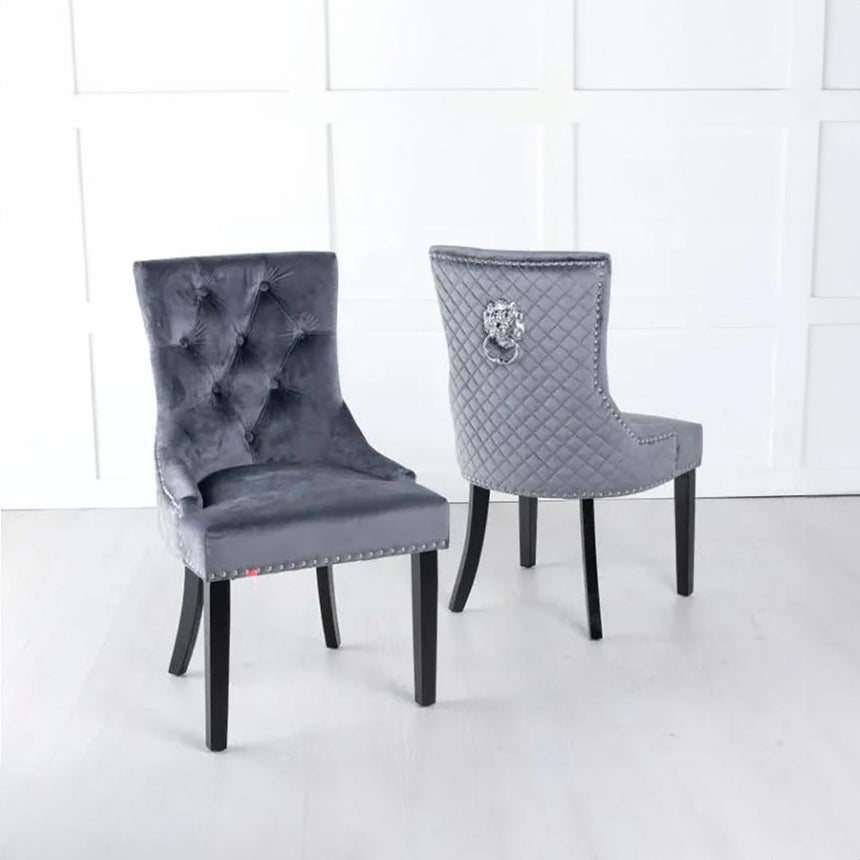 Turin 140cm Square White Marble Dining Set - Grey Fabric Lion Head Ring Back Chairs with Black Legs-4