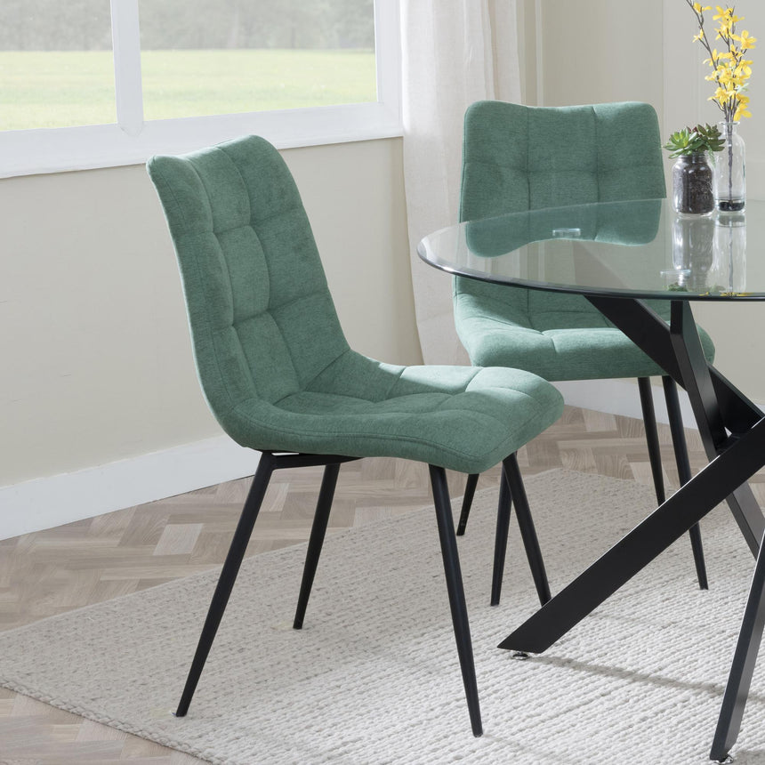 Chopstick Clear Glass and Black Metal 4 Seater Round Dining Set - 4 Corona Green Fabric Chairs-10