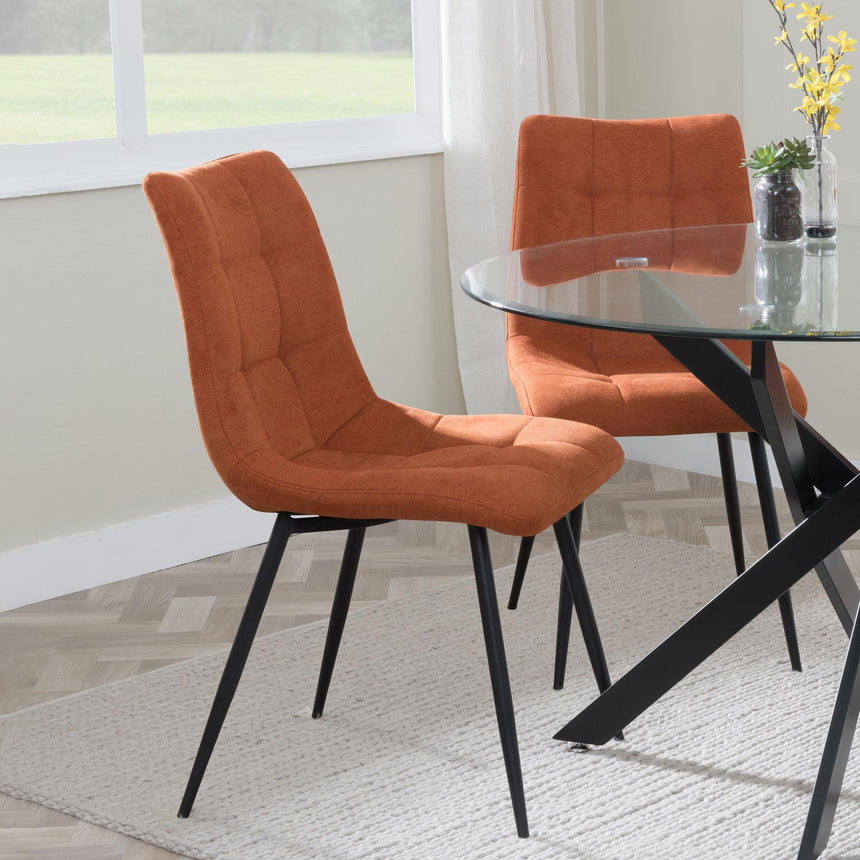 Chopstick Clear Glass and Black Metal 4 Seater Round Dining Set - 4 Corona Orange Fabric Chairs-9