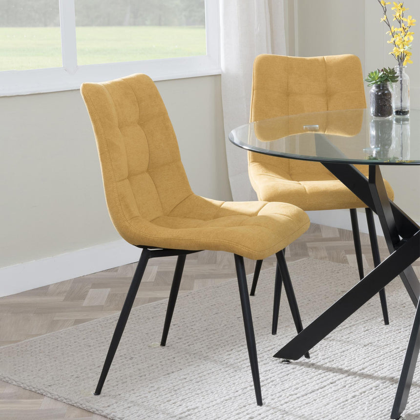 Chopstick Grey Glass and Black Metal 4 Seater Round Dining Set - 4 Corona Yellow Fabric Chairs-9