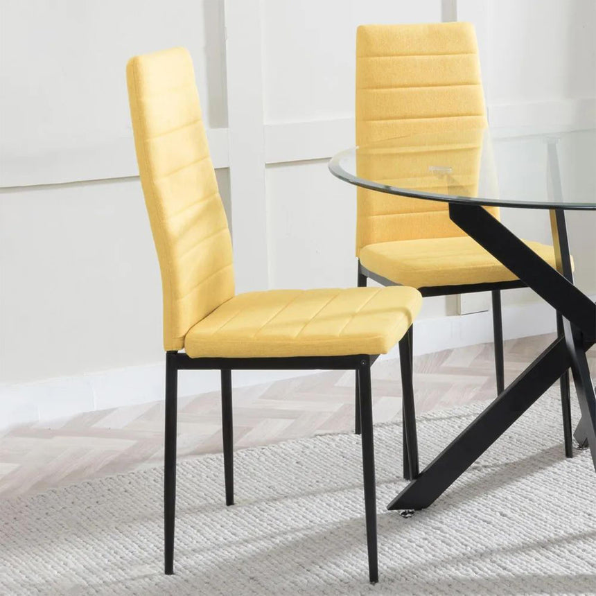 Chopstick Grey Glass and Black Metal 4 Seater Round Dining Set - 4 Lido Yellow Fabric Chairs with Black Legs-9