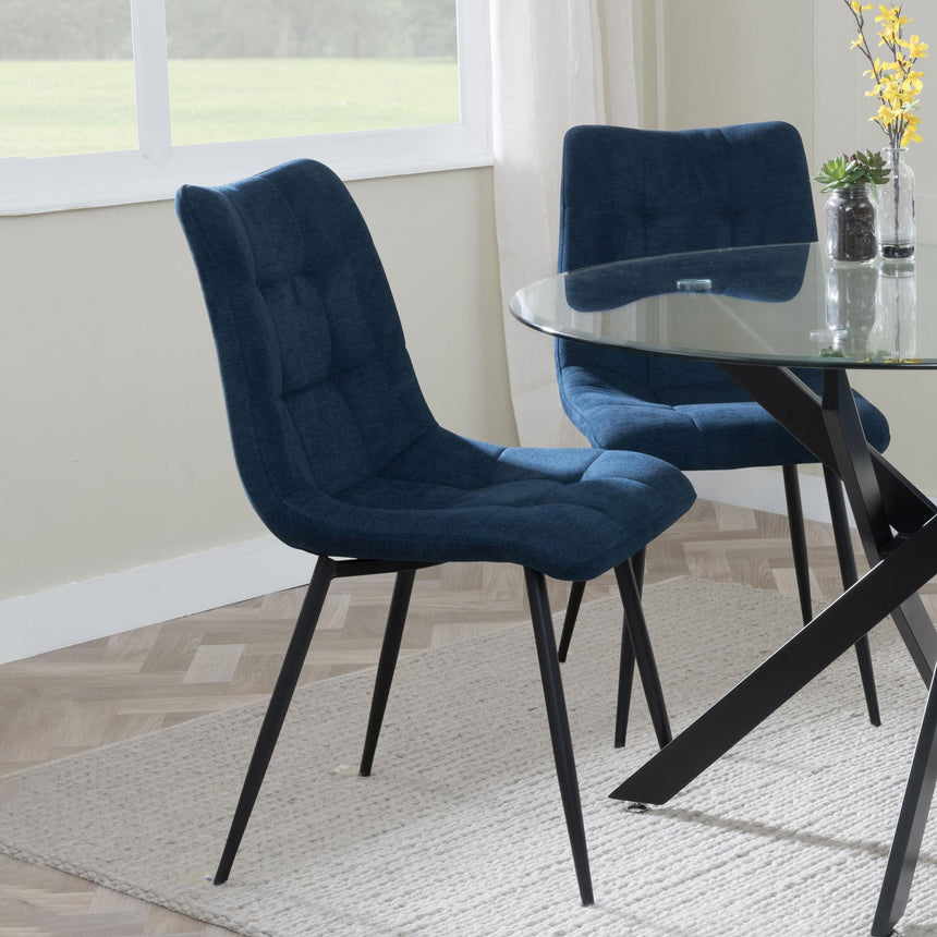 Chopstick Clear Glass and Black Metal Dining Set - Corona Blue Fabric Chairs-8