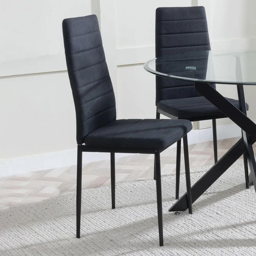 Chopstick Clear Glass and Black Metal Dining Set - Lido Black Fabric Chairs with Black Legs-7