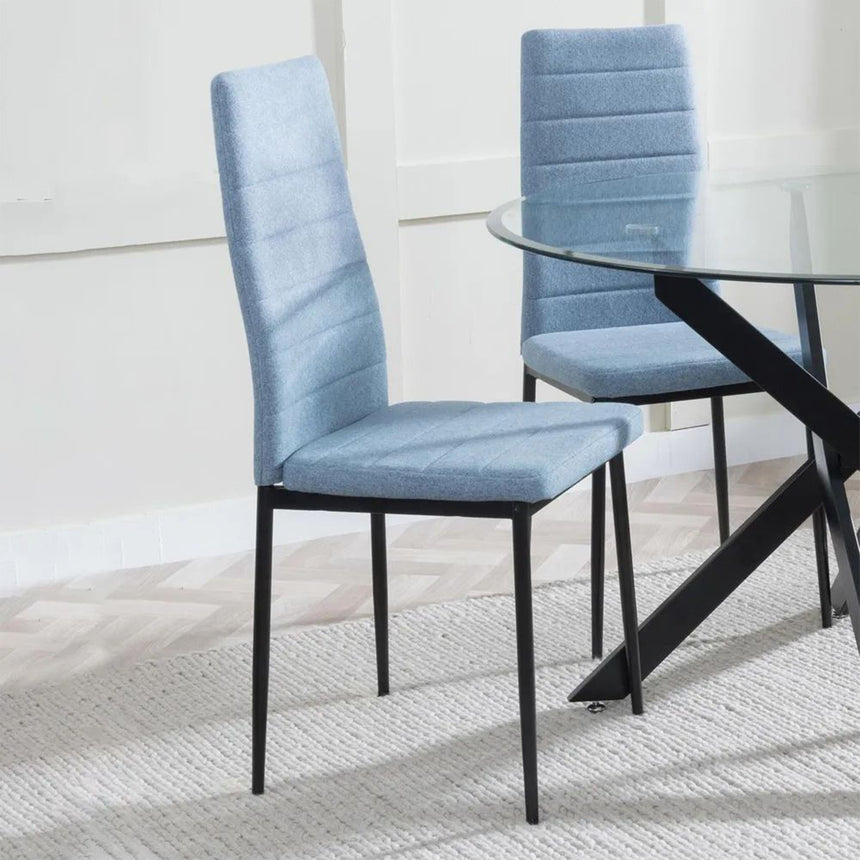 Chopstick White Glass and Black Metal Dining Set - Lido Blue Fabric Chairs with Black Legs-5