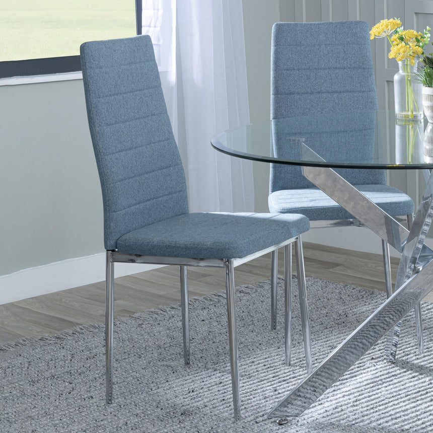 Chopstick Clear Glass and Chrome Metal 4 Seater Round Dining Set - 4 Lido Blue Fabric Chairs with Chrome Legs-7