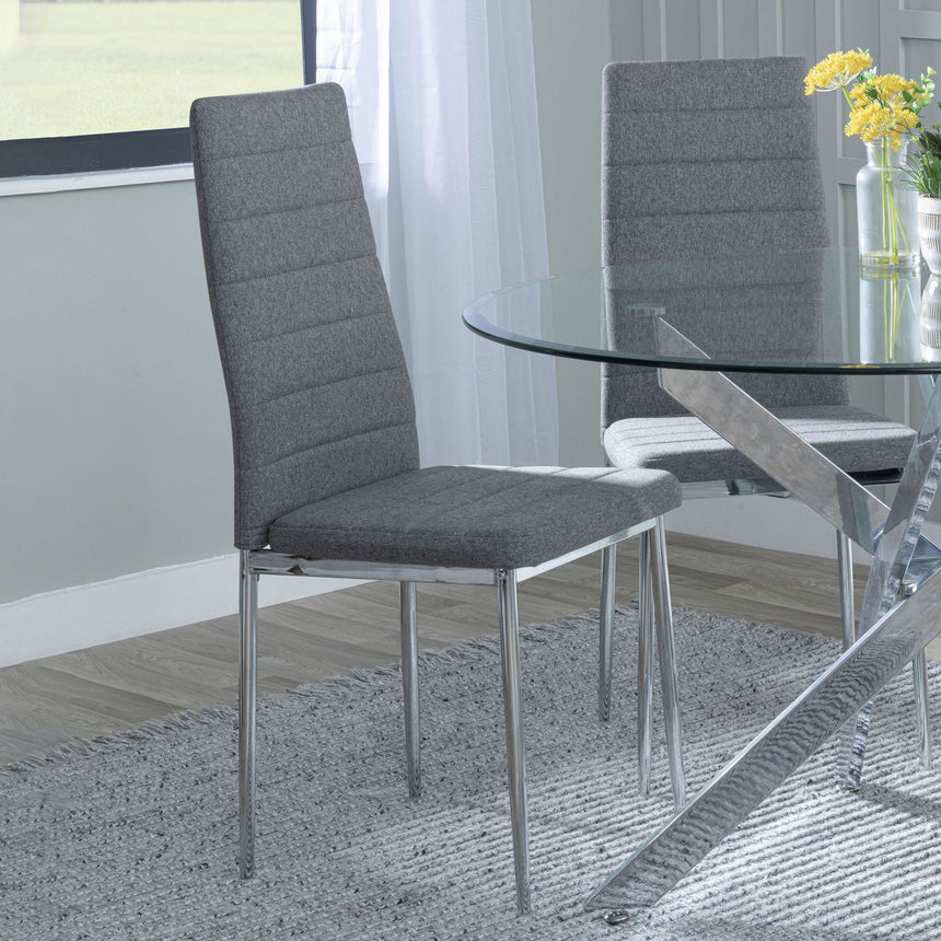 Chopstick Clear Glass and Chrome Metal 4 Seater Round Dining Set - 4 Lido Dark Grey Fabric Chairs with Chrome Legs-8