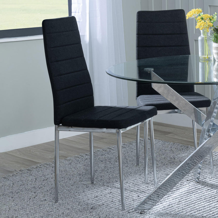 Chopstick White Glass and Chrome Metal 4 Seater Round Dining Set - 4 Lido Black Fabric Chairs with Chrome Legs-5