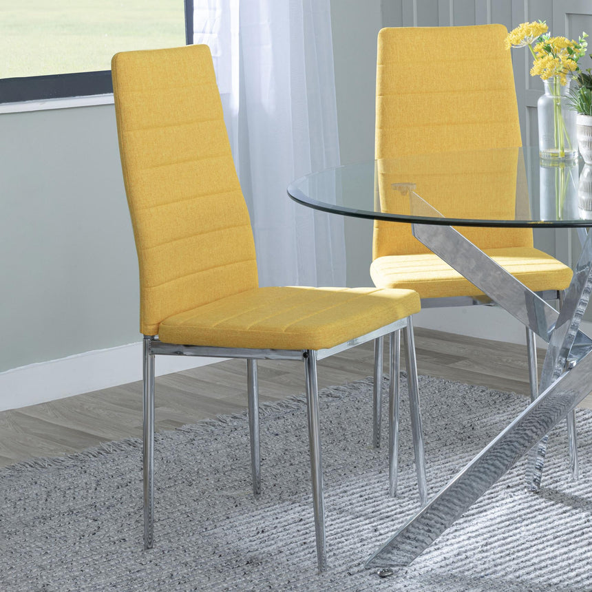 Chopstick White Glass and Chrome Metal 4 Seater Round Dining Set - 4 Lido Yellow Fabric Chairs with Chrome Legs-9