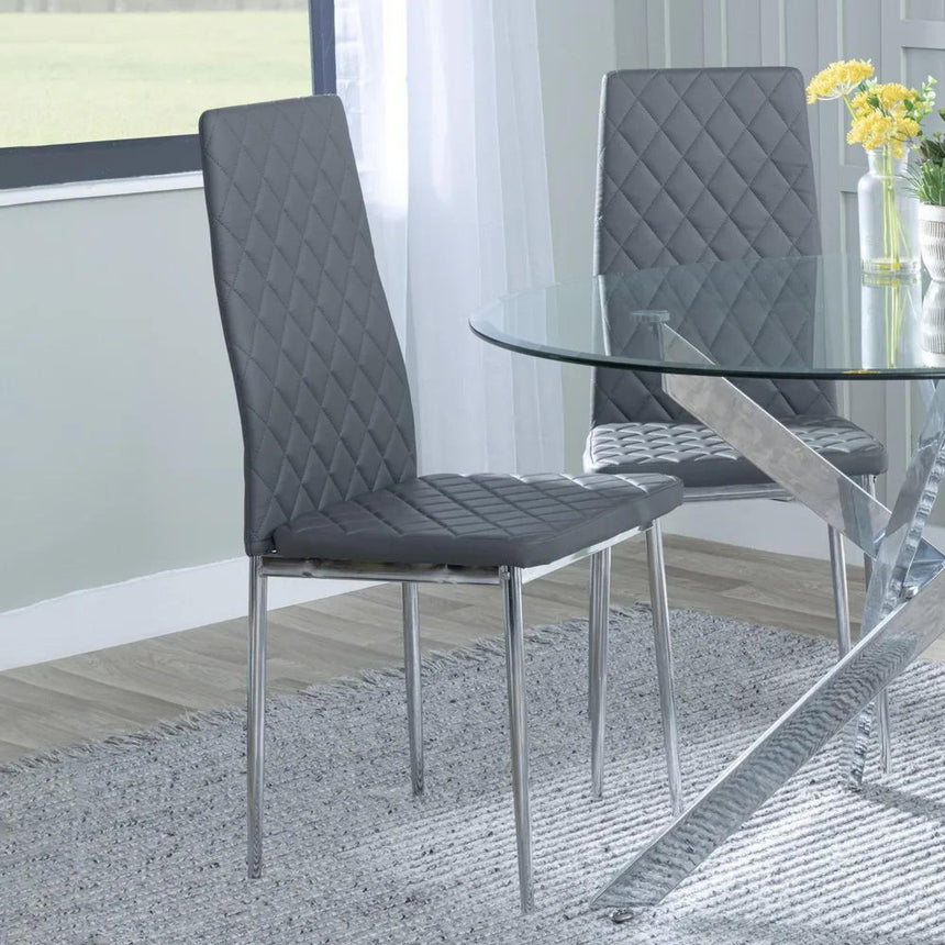 Chopstick White Glass and Chrome Metal 4 Seater Round Dining Set - 4 Metro Grey Leather Chairs with Chrome Legs-5