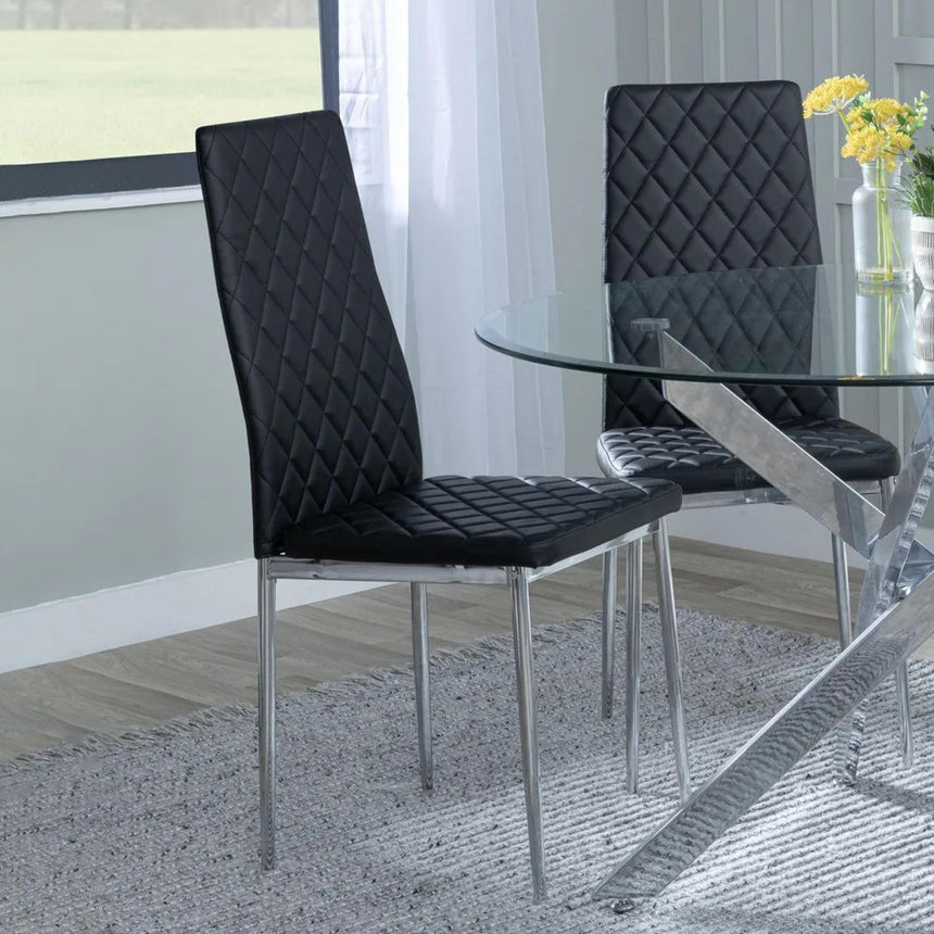 Chopstick White Glass and Chrome Metal 4 Seater Round Dining Set - 4 Metro Black Leather Chairs with Chrome Legs-6