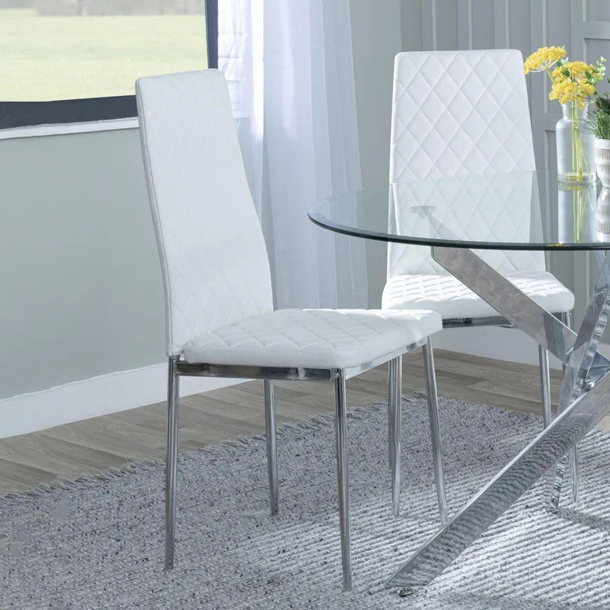 Chopstick White Glass and Chrome Metal 4 Seater Round Dining Set - 4 Metro White Leather Chairs with Chrome Legs-7