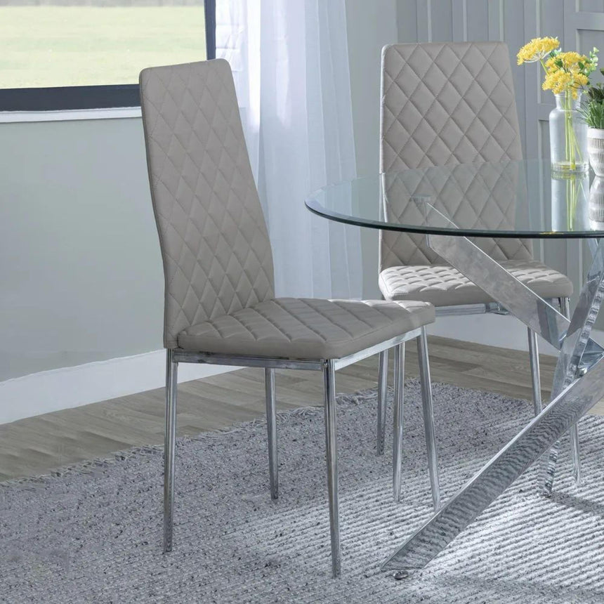 Chopstick White Glass and Chrome Metal 4 Seater Round Dining Set - 4 Metro Beige Leather Chairs with Chrome Legs-8