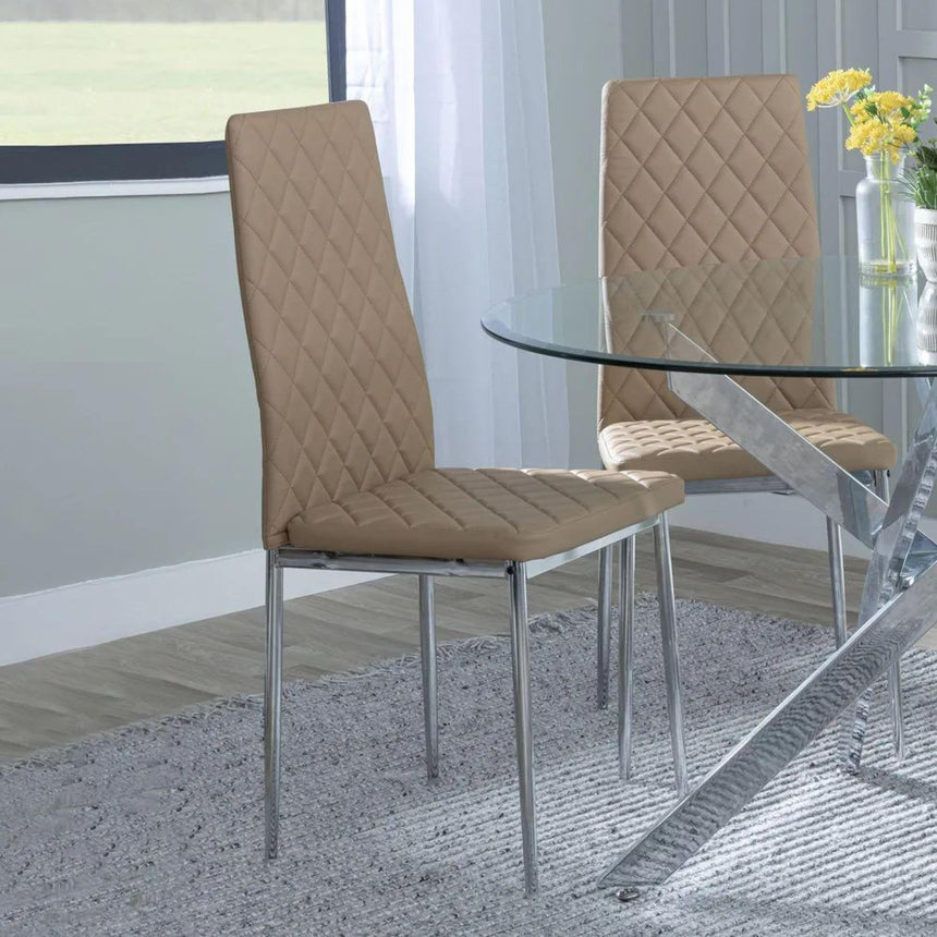 Chopstick White Glass and Chrome Metal 4 Seater Round Dining Set - 4 Metro Cappuccino Leather Chairs with Chrome Legs-9