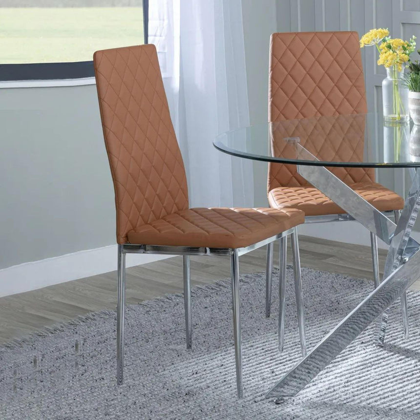 Chopstick White Glass and Chrome Metal 4 Seater Round Dining Set - 4 Metro Burnt Orange Leather Chairs with Chrome Legs-10