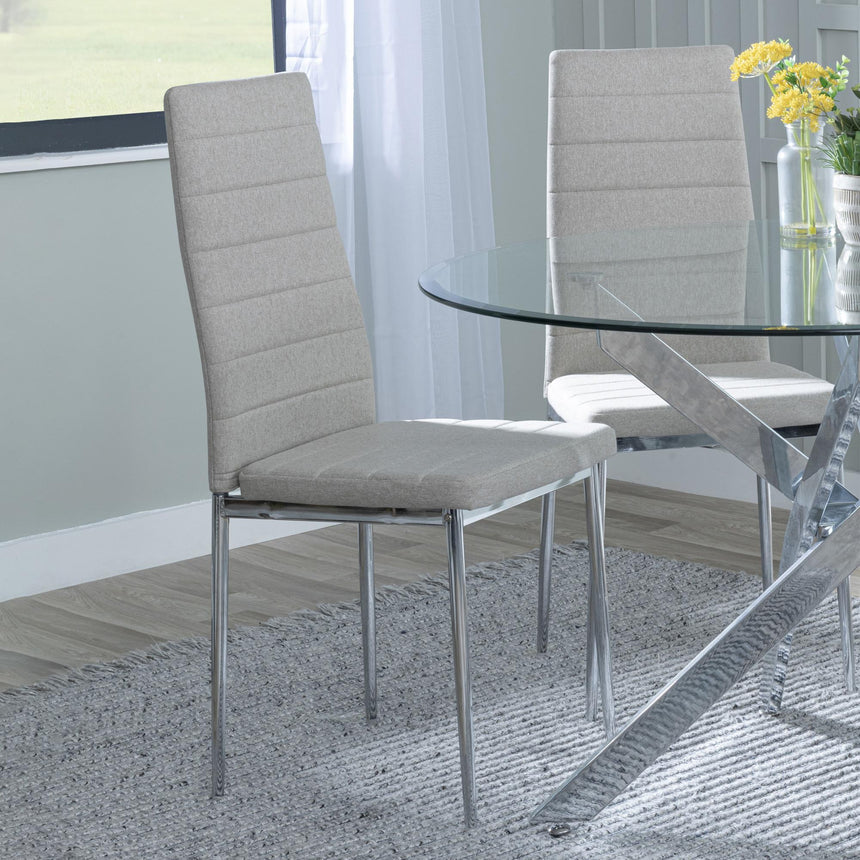 Chopstick Clear Glass and Chrome Metal Dining Set - Lido Sand Fabric Chairs with Chrome Legs-6