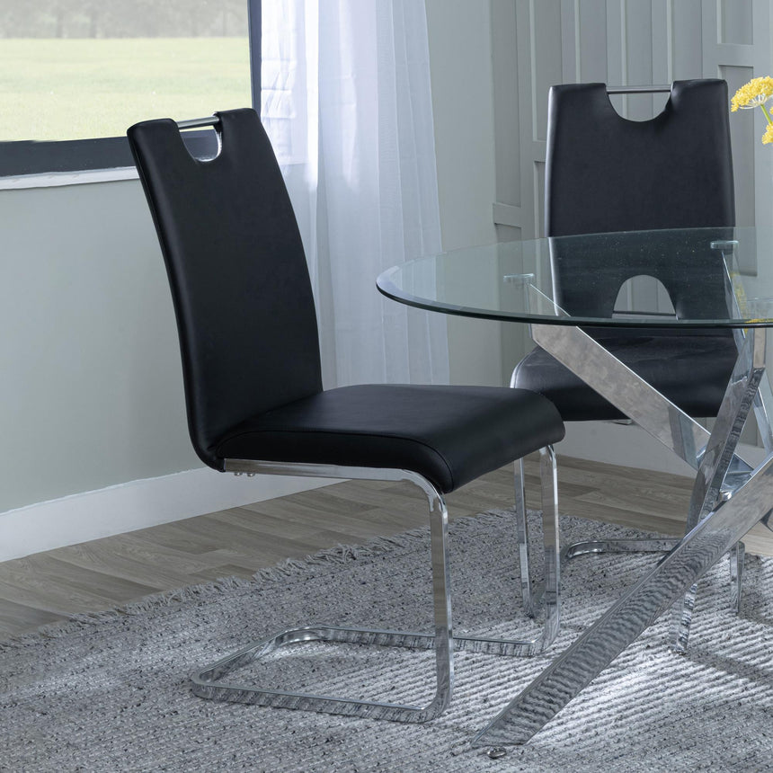 Chopstick Clear Glass and Chrome Metal Dining Set - Bianco Black Faux Leather Dining Chair-6