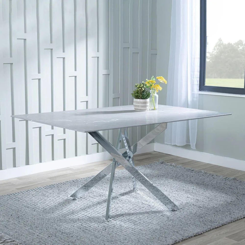 Chopstick Grey Glass and Chrome Metal Dining Set - Bianco Beige Faux Leather Dining Chair-4