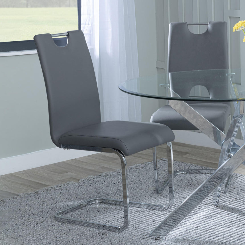 Chopstick Grey Glass and Chrome Metal Dining Set - Bianco Grey Faux Leather Dining Chair-5