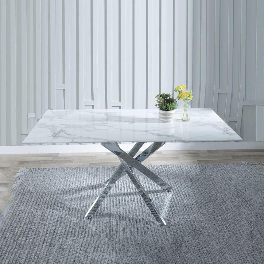 Chopstick White Glass and Chrome Metal Dining Set - Bianco Grey Faux Leather Dining Chair-4