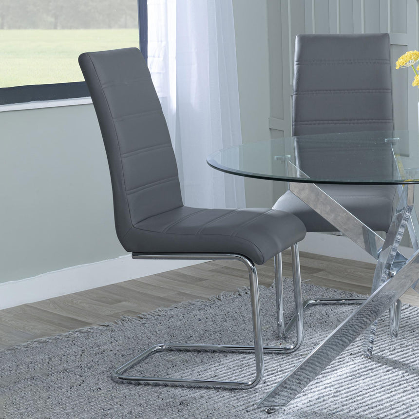 Chopstick Clear Glass and Chrome Metal Dining Set - Roma Grey Faux Leather Dining Chair-7