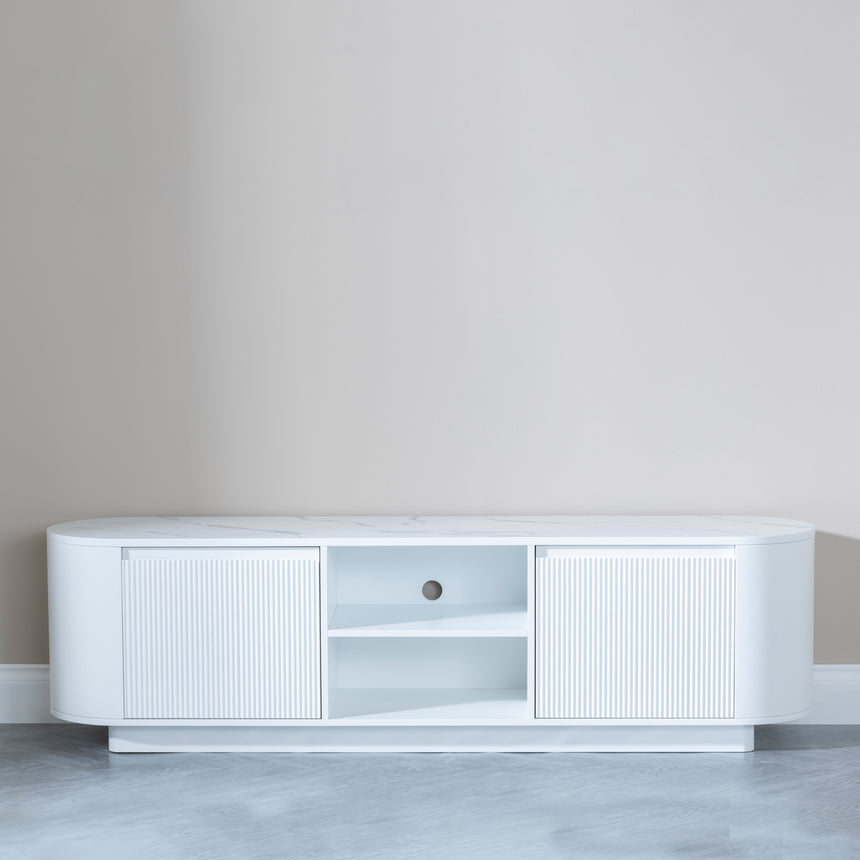 Pavia White Marble Effect Curved Fluted TV Unit