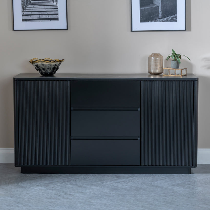 Rivoli Black Ceramic Fluted Large Sideboard