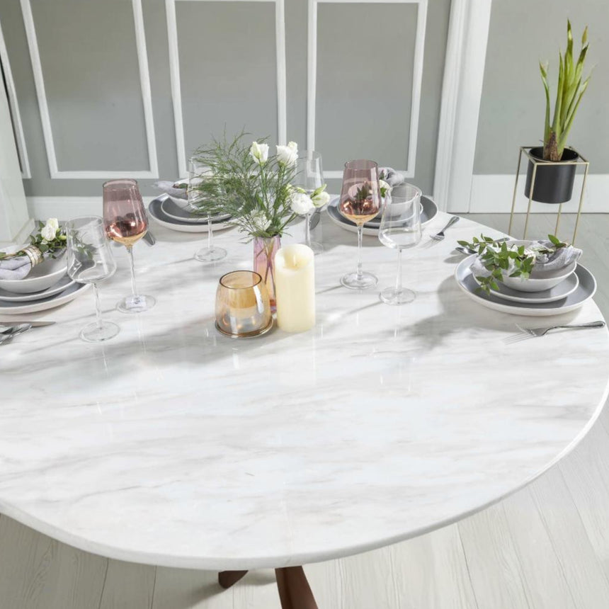 Cesena 130cm White Marble Round Dining Set - Grey Knockerback Chairs