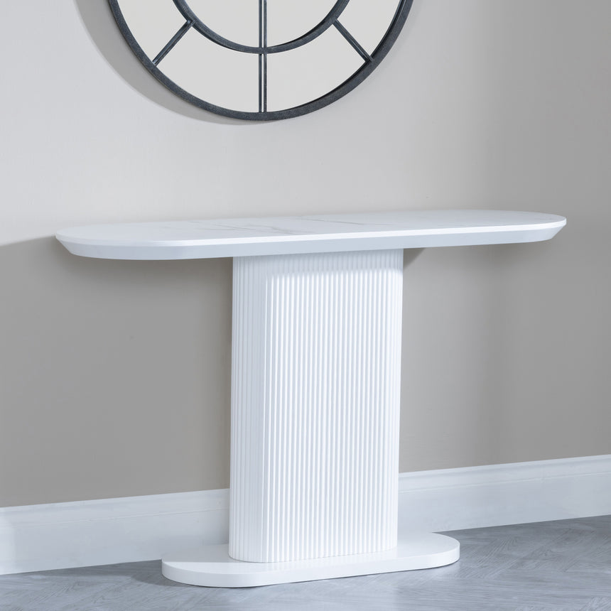 Pavia White Marble Effect Oval Fluted Console Table