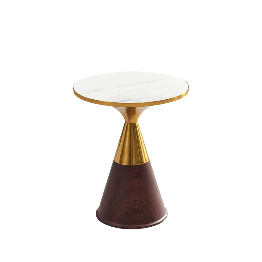 Horton Hourglass White Ceramic Round Side Table with Walnut Base and Gold Trim