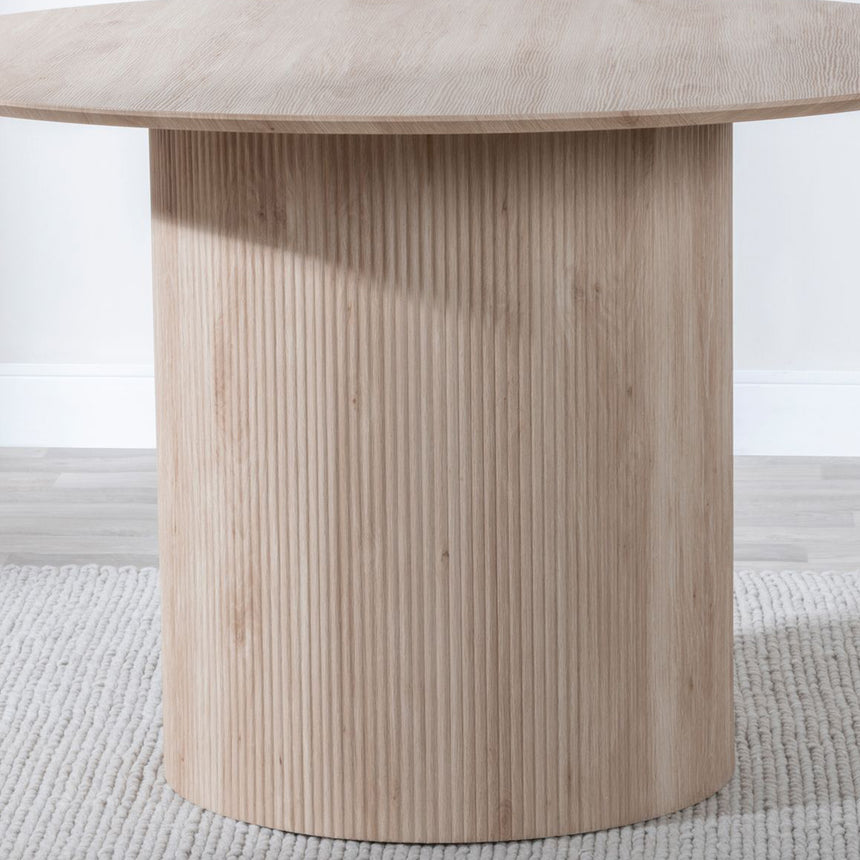 Emilia Fluted 4 Seater Oak Effect Round Dining Table with Drum Base - 120cm