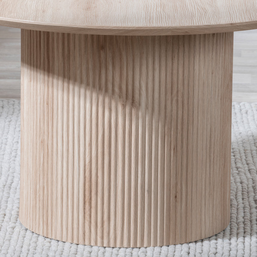 Emilia Fluted Oak Effect Round Coffee Table with Drum Base