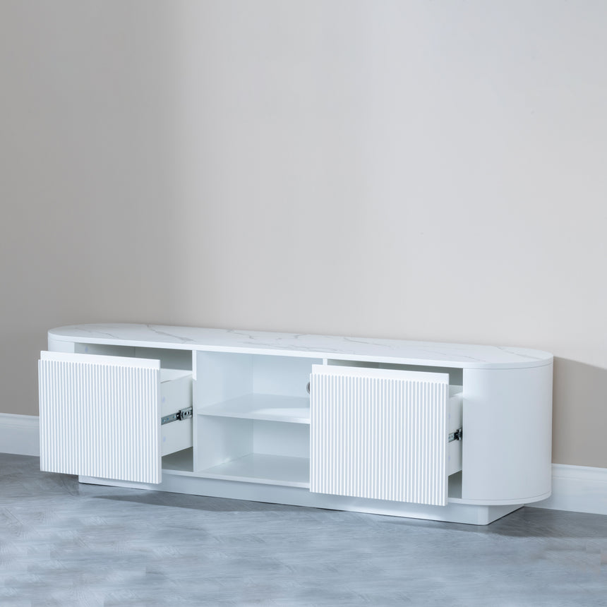 Pavia White Marble Effect Curved Fluted TV Unit