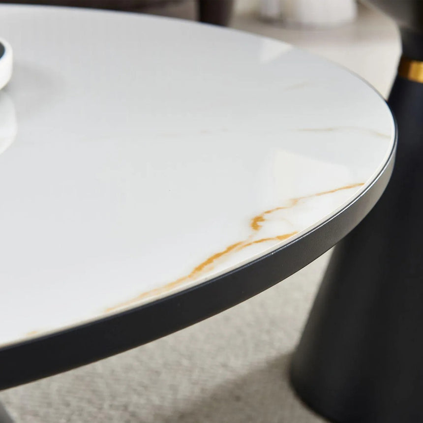 Ferguson White Ceramic Round Side Table with Dark Grey Base and Gold Trim