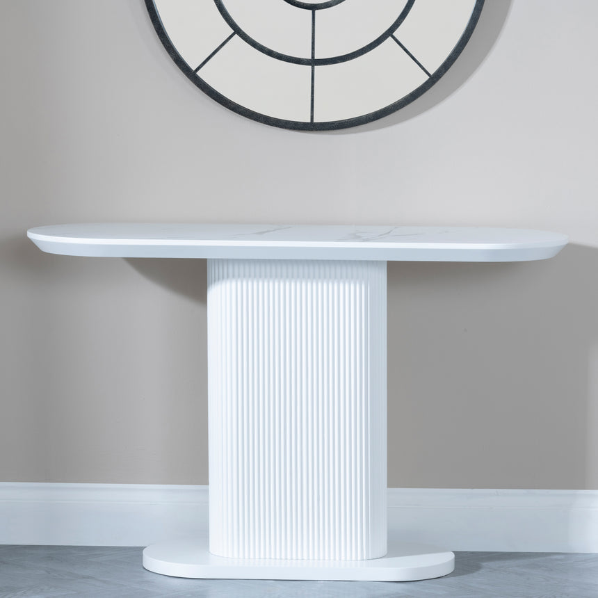 Pavia White Marble Effect Oval Fluted Console Table