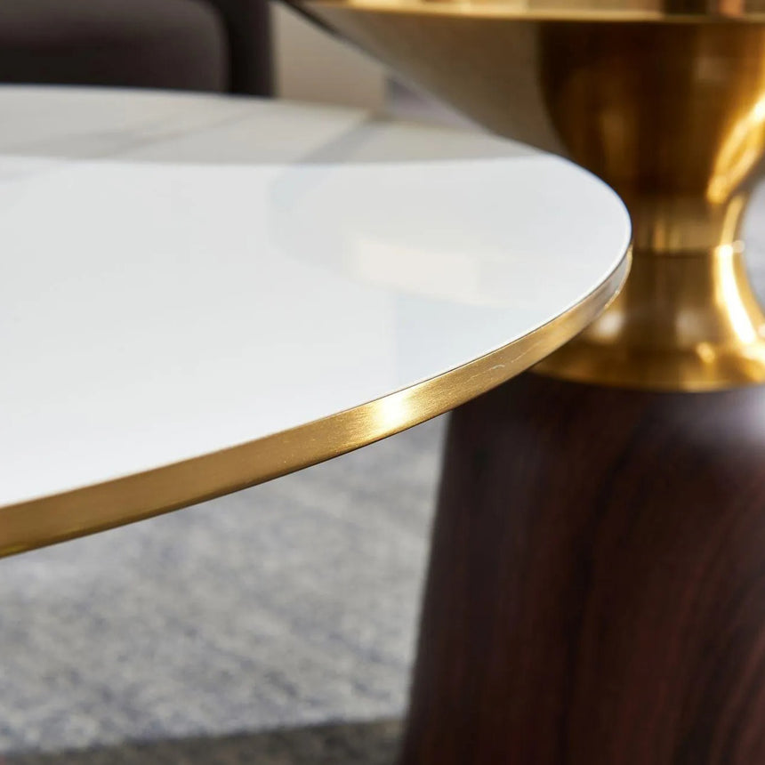 Horton Hourglass White Ceramic Round Coffee Table with Walnut Base and Gold Trim