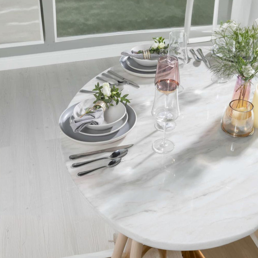 Cesena 130cm White Marble Round Dining Set - Black Knockerback Chairs