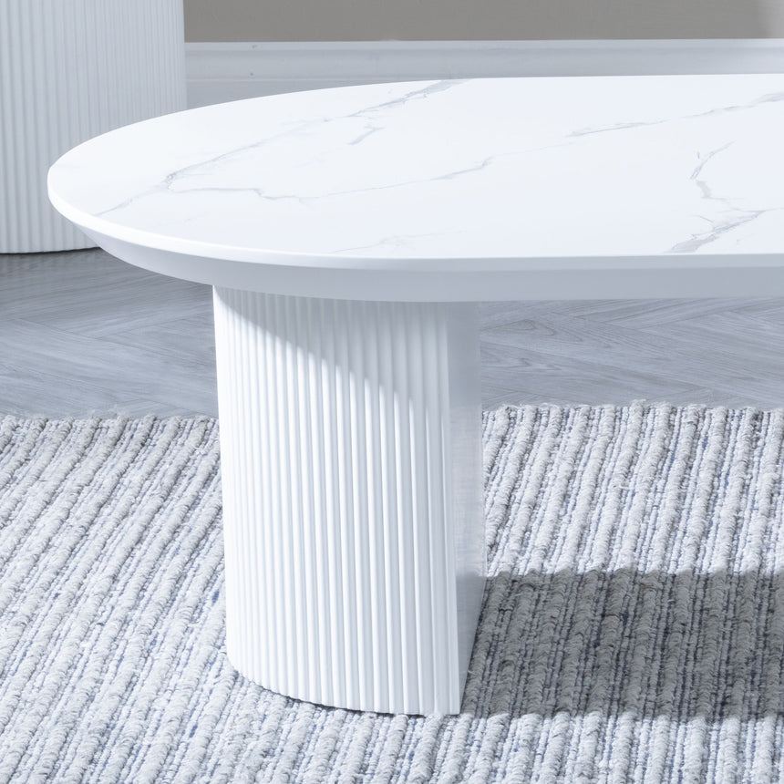 Pavia White Marble Effect Oval Coffee Table - Fluted Base