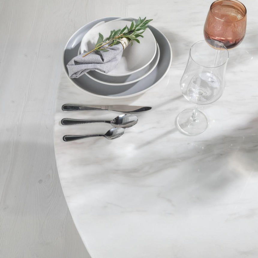 Cesena 130cm White Marble Round Dining Set - Black Knockerback Chairs