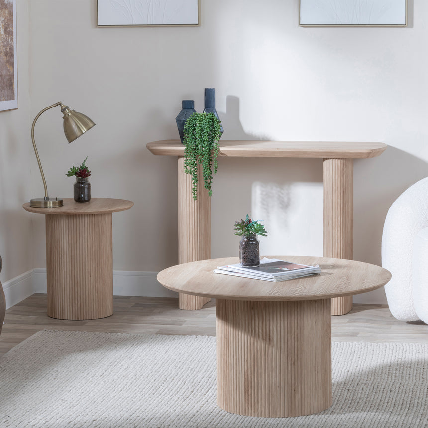 Emilia Fluted Oak Effect Round End Table with Drum Base