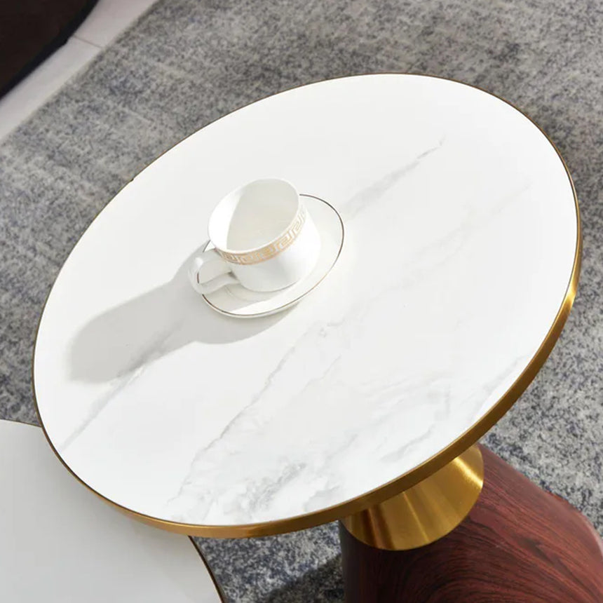 Horton Hourglass White Ceramic Round Side Table with Walnut Base and Gold Trim